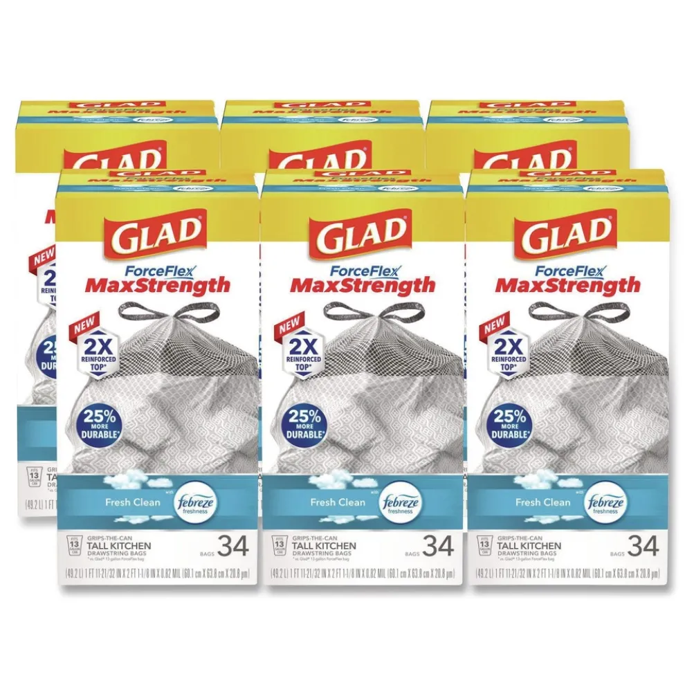 Glad ForceFlex MaxStrength 24 in. x 28 in. 13 Gallon Tall Kitchen Drawstring Trash Bags - Fresh Clean Scent/White (204/Carton)