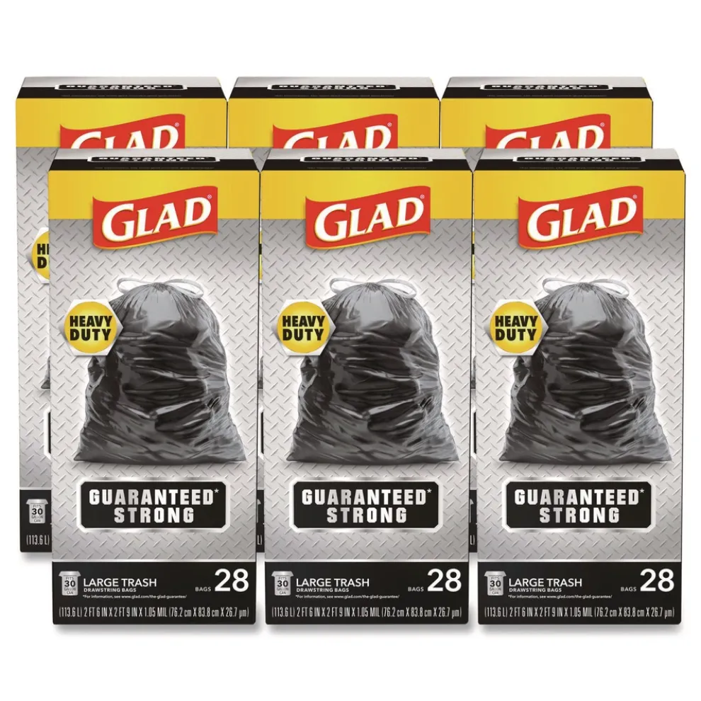 Glad Guaranteed Strong 30 in. x 33 in. 1.05 mil 30 Gallon Three-Ply Large Drawstring Trash Bags - Black (168/Carton)