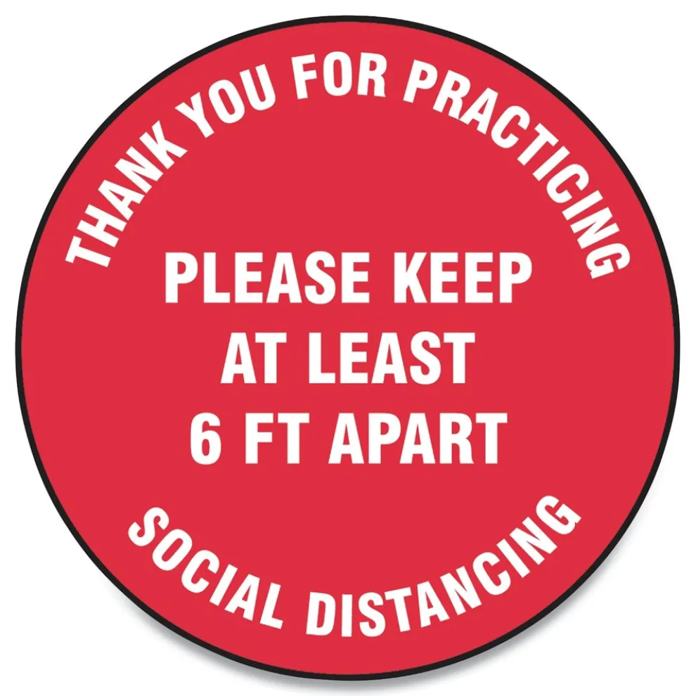 GN1 17 in. Circle "Thank You For Practicing Social Distancing Please Keep At Least 6 ft. Apart" Slip-Gard Floor Signs - Red (25/Pack)