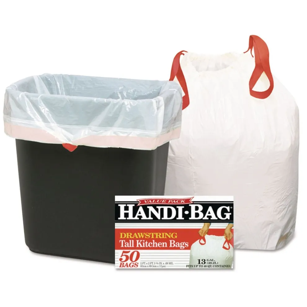 Handi-Bag 24 in. x 27.38 in. 13-Gallon Drawstring Kitchen Bags - White (50/Box)