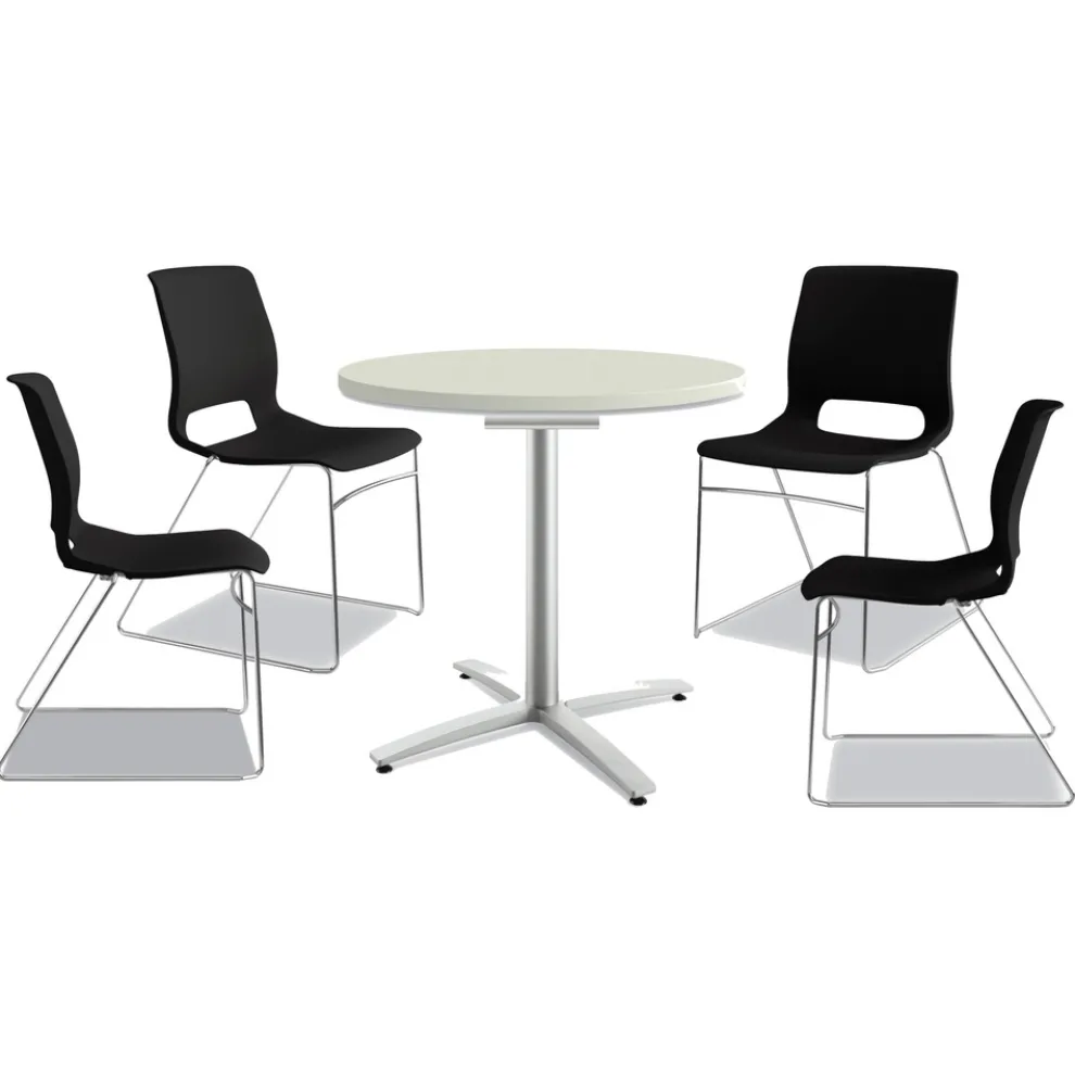 HON Between Seated-Height X-Base with 30 in. Diameter Between Round Table Top and Motivate High-Density Stacking Chair Bundle (4 Chairs/Carton)