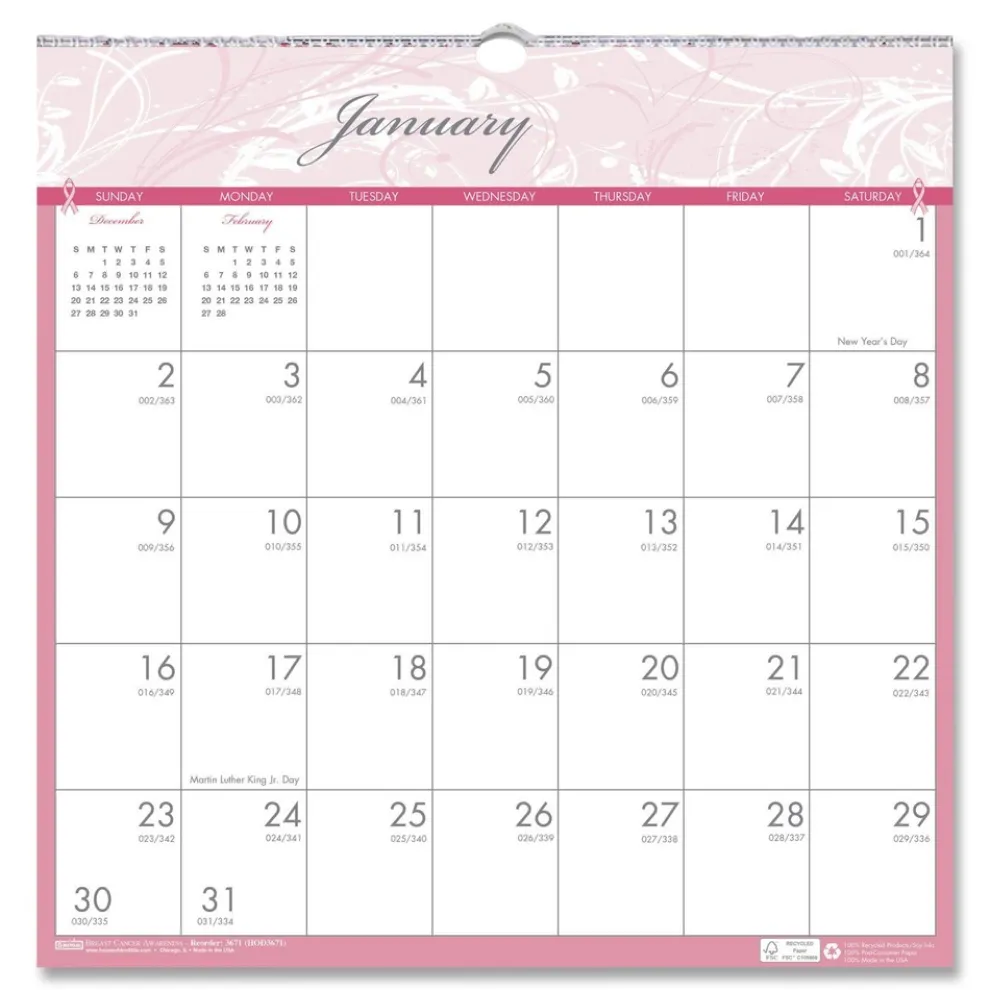 House of Doolittle 12-Month (Jan-Dec): 2026 12 in. x 12 in. Breast Cancer Awareness Artwork Recycled Monthly Wall Calendar - White/Pink/Gray Sheets