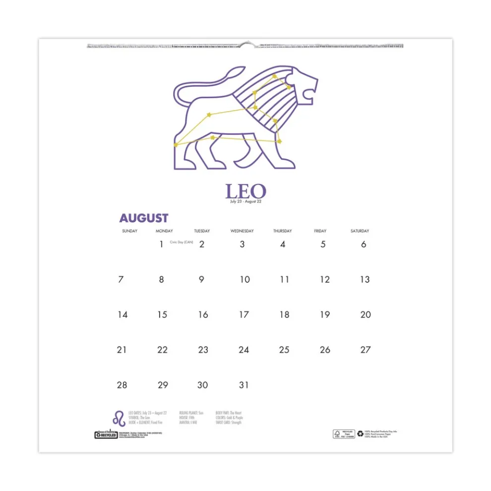 House of Doolittle 11 in. x 14 in. 12-Month (Aug 2025-Jul 2026) Recycled Academic Zodiac Wall Calendar - Multicolor Sheets