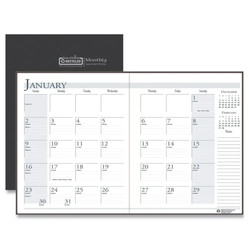 House of Doolittle 11 in. x 8.5 in. 14-Month (Dec 2025-Jan 2027) Recycled Ruled Planner with Leatherette Cover - Black Cover