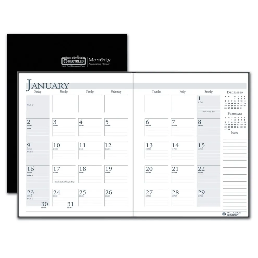 House of Doolittle 10 in. x 7 in. 14-Month (Dec 2025-Jan 2027) Recycled Ruled Planner with Leatherette Cover - Black Cover