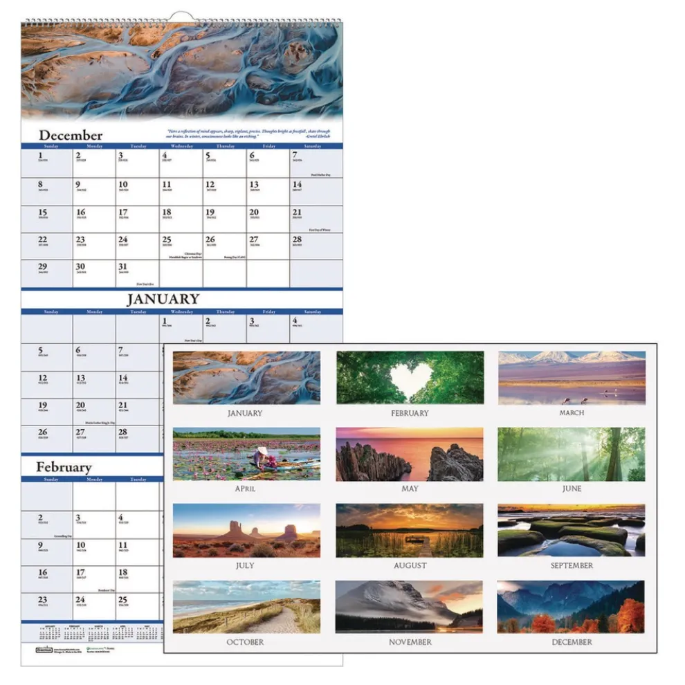 House of Doolittle 14-Month: Dec 2025 to Jan 2027 8 in. x 17 in. Scenic Photography Earthscapes Recycled 3-Month Vertical Wall Calendar - White Sheets