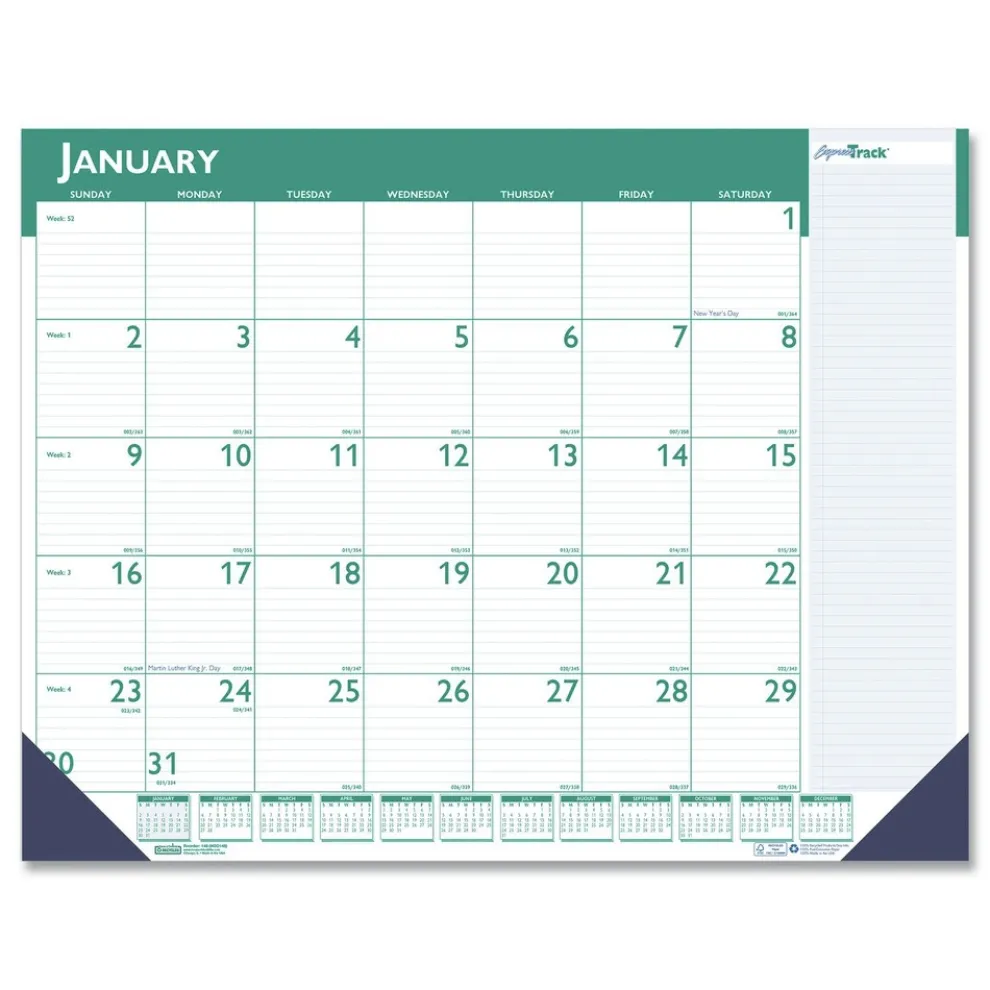 House of Doolittle 22 in. x 17 in. 13-Month (Jan 2026-Jan 2027) Express Track Monthly Desk Pad Calendar - White/Teal Sheets/Teal Binding