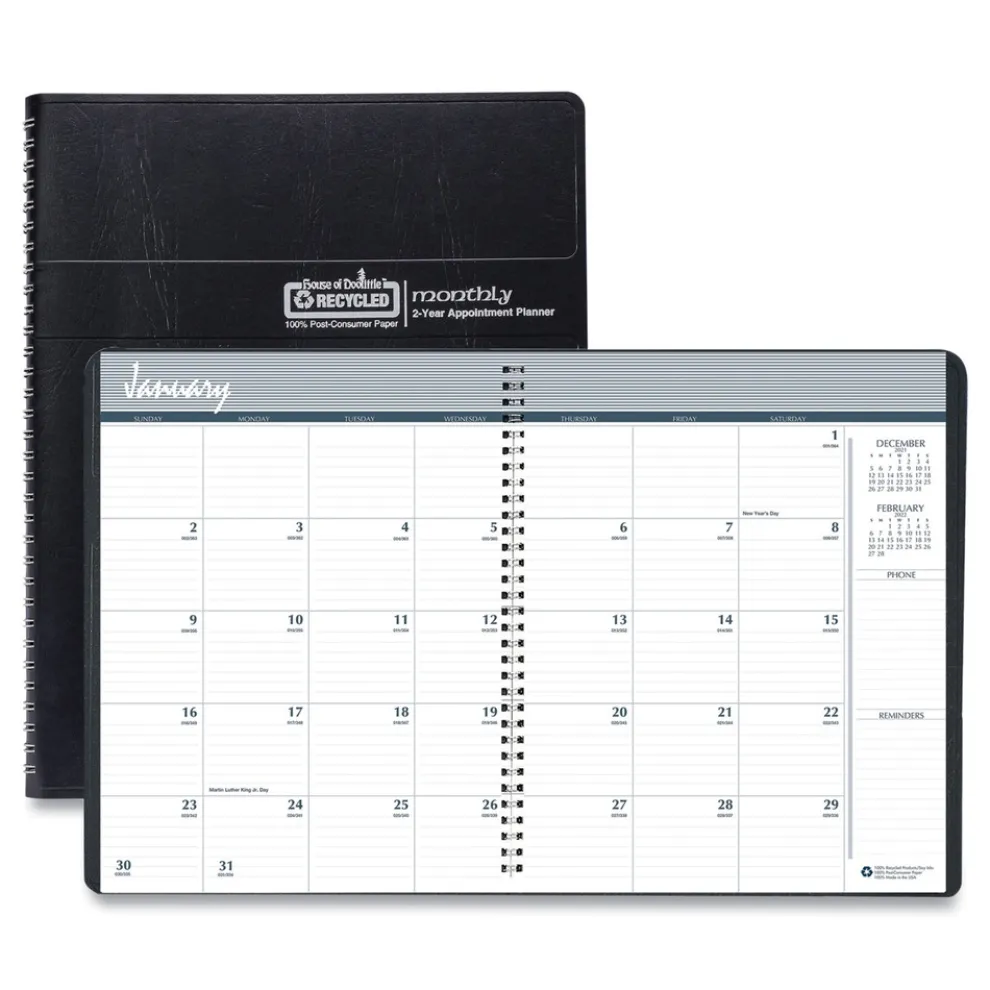 House of Doolittle 11 in. x 8.5 in. 24-Month (Jan 2026-Dec 2027) Recycled Ruled Monthly Planner - Black Cover