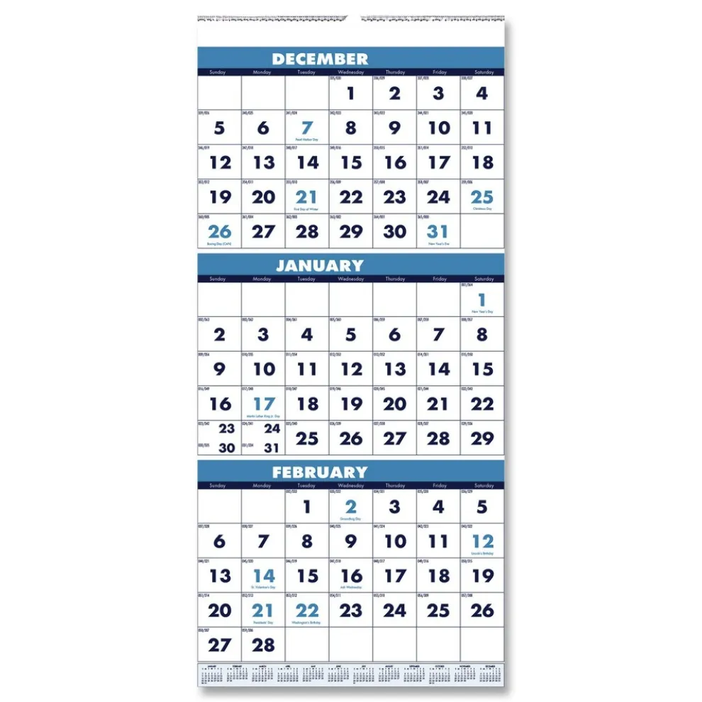 House of Doolittle 14-Month: Dec 2025 to Jan 2027 8 in. x 17 in. Vertical Orientation Recycled Three-Month Format Wall Calendar - White Sheets