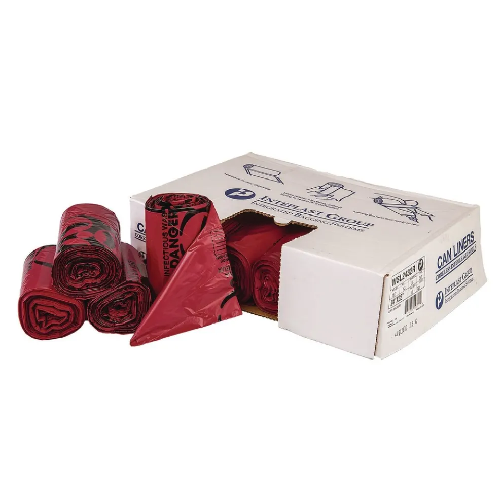 Inteplast Group 10 gal. 1.3 mil 24 in. x 23 in. Institutional Low-Density Can Liners - Red (25 Bags/Roll, 10 Rolls/Carton)