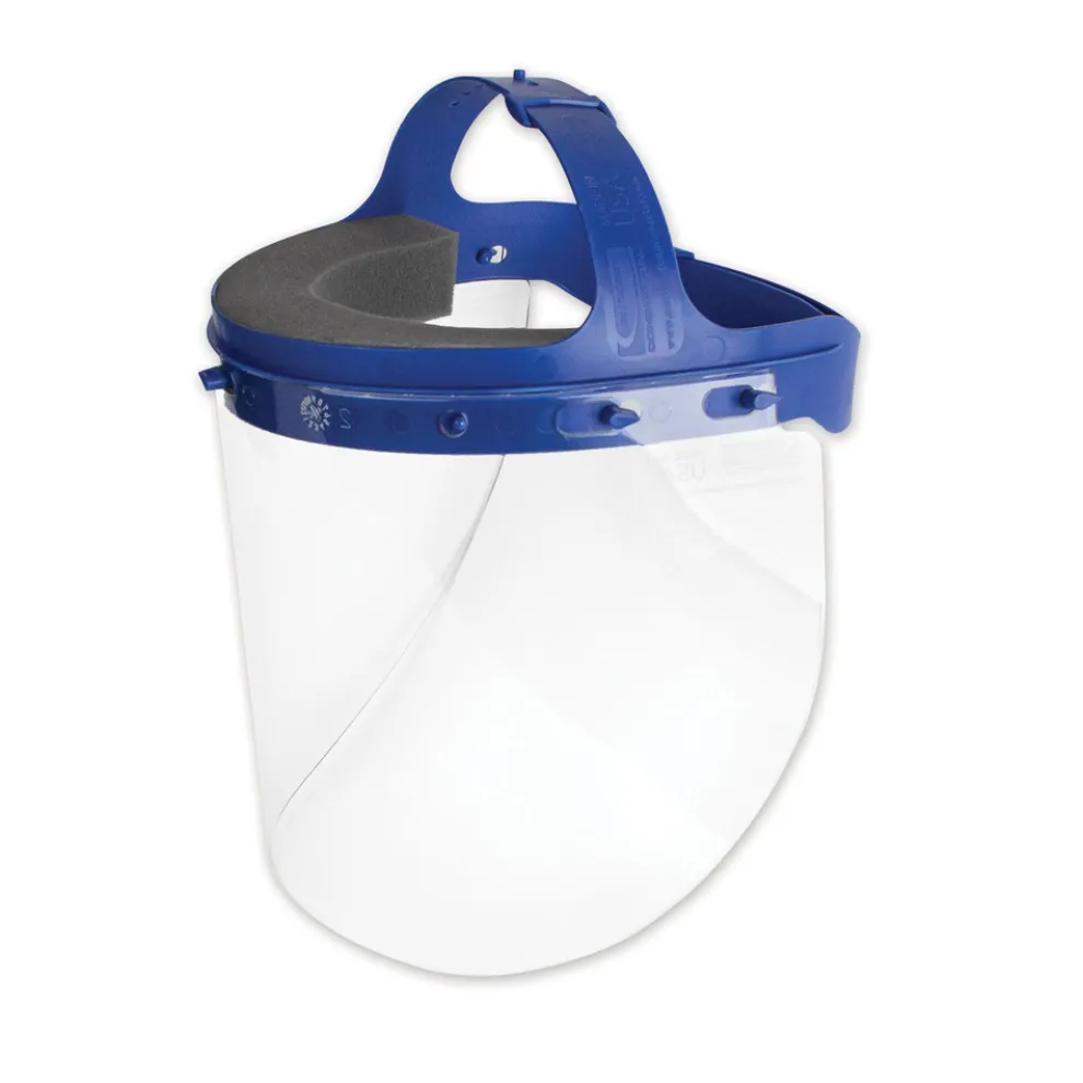 Suncast 16.5 in. x 10.25 in. x 11 in. Fully Assembled Full Length Face Shield with Head Gear - Clear/Blue (16/Carton)