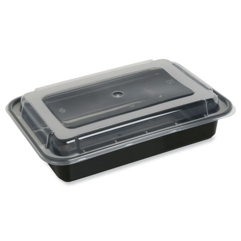 GEN FCPP-BC-38RECT 8.81 in. x 6.02 in. x 2.48 in. 38 oz. Plastic Microwavable Food Container with Lid - Rectangular Black/Clear (150/Carton)