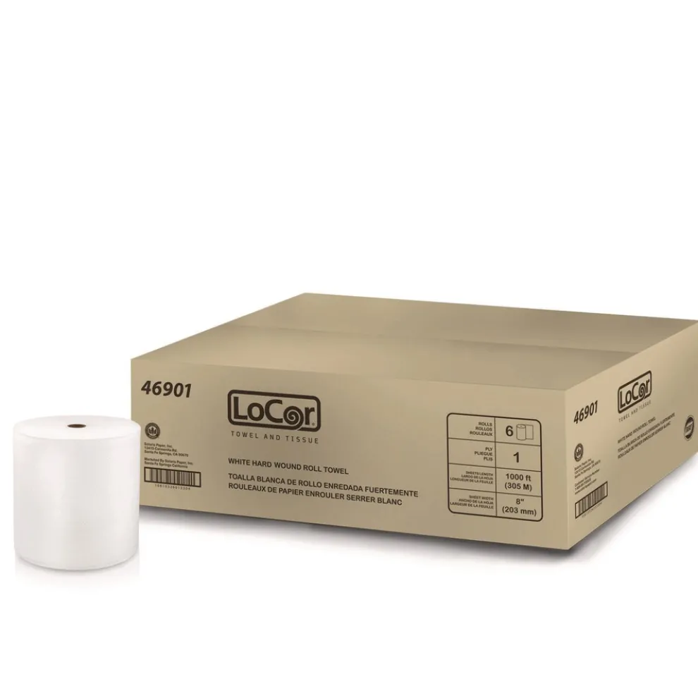 LoCor 8 in. x 1000 ft. 1-Ply Hard Wound Roll Towel - White (6/Carton)