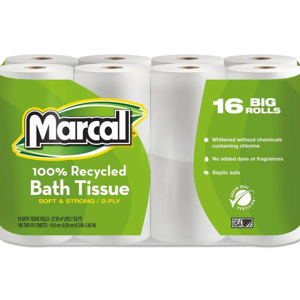 Marcal 2 Ply Septic Safe 4 in. x 4 in. 100% Recycled Bath Tissues - White (16/Pack)