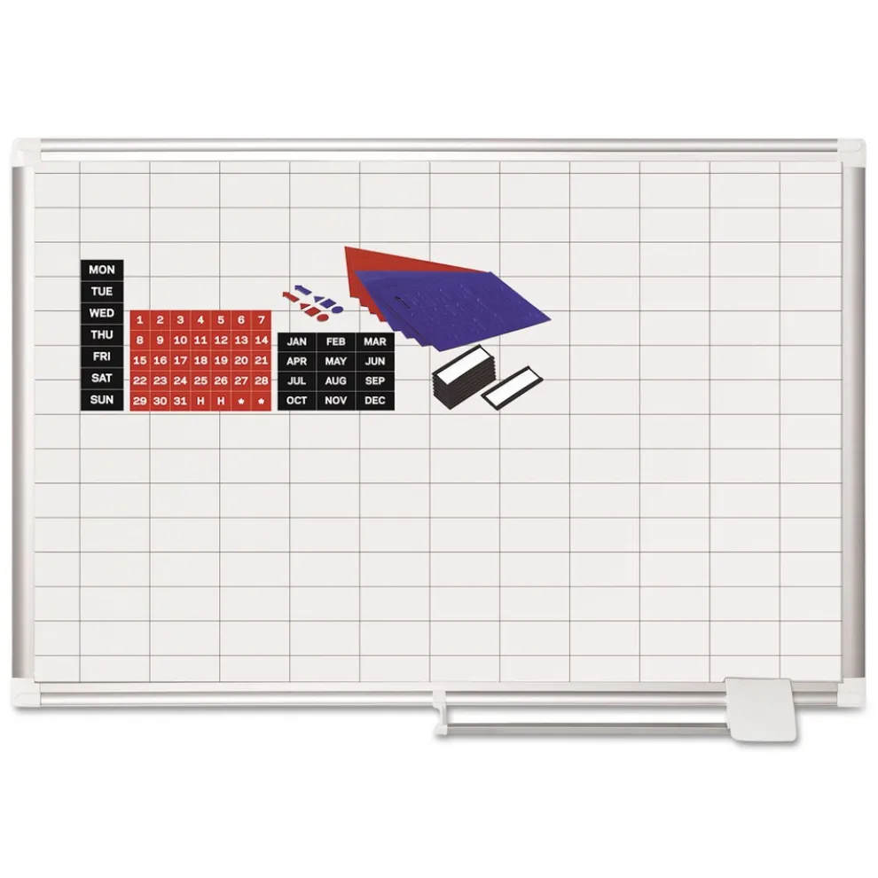 MasterVision 1 in. x 2 in. Grid 36 in. x 24 in. Aluminum Lacquered Steel Magnetic Dry Erase Planning Board with Accessories - White/Silver