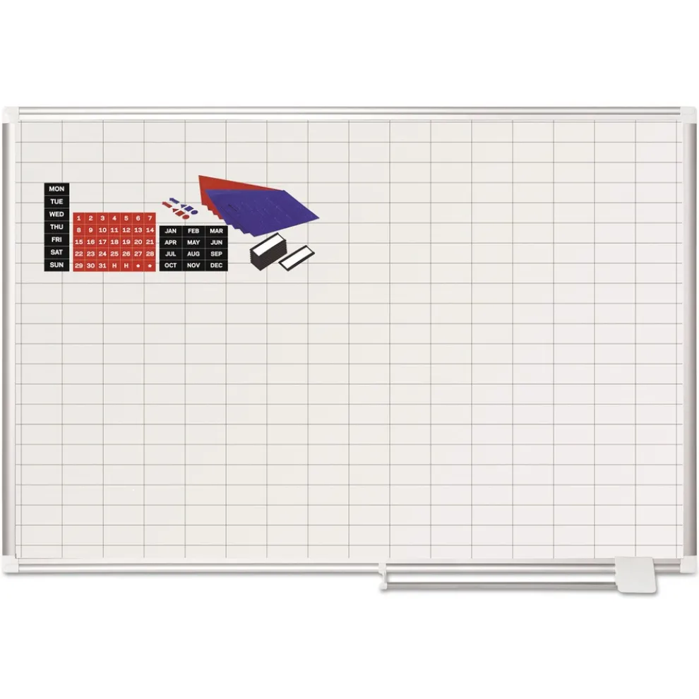 MasterVision 1 in. x 2 in. Grid 48 in. x 36 in. Aluminum Lacquered Steel Magnetic Dry Erase Planning Board with Accessories - White/Silver