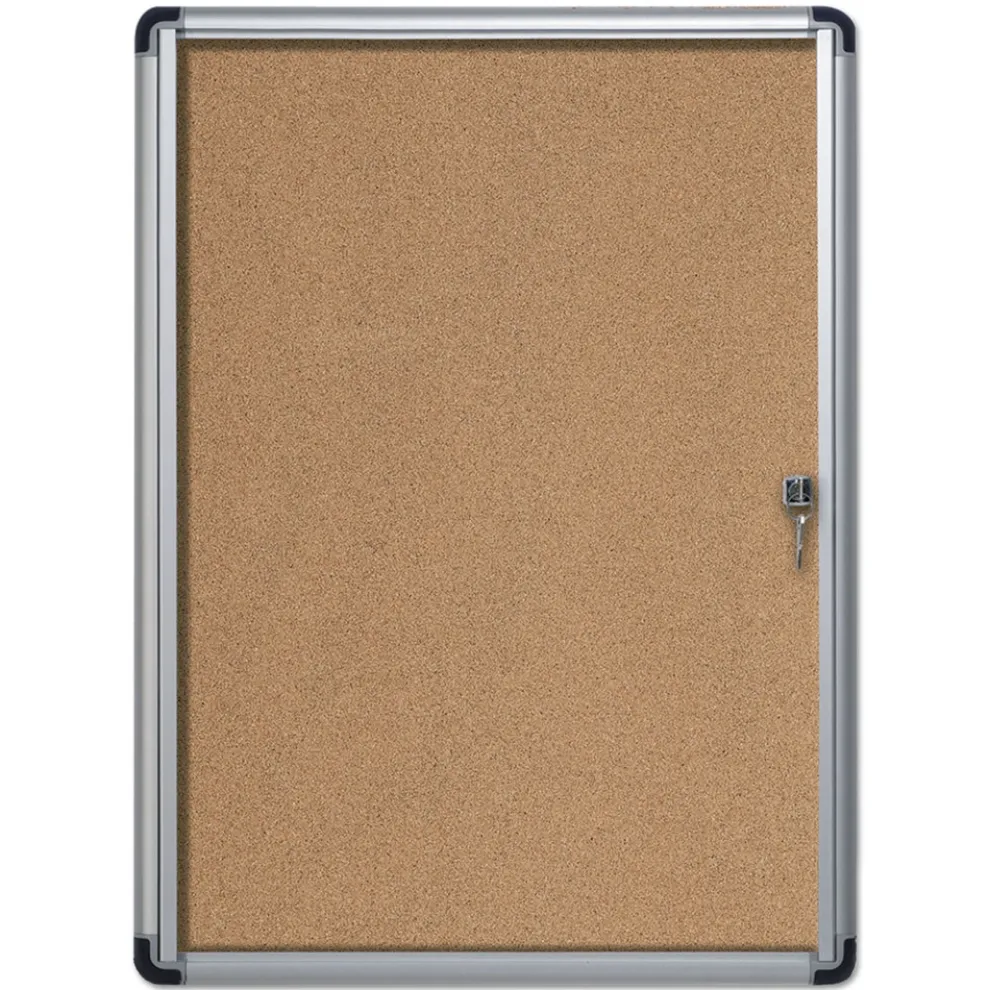 MasterVision 28 in. x 38 in. Slim-Line Enclosed Cork Bulletin Board with One Door - Tan Surface/Satin Aluminum Frame