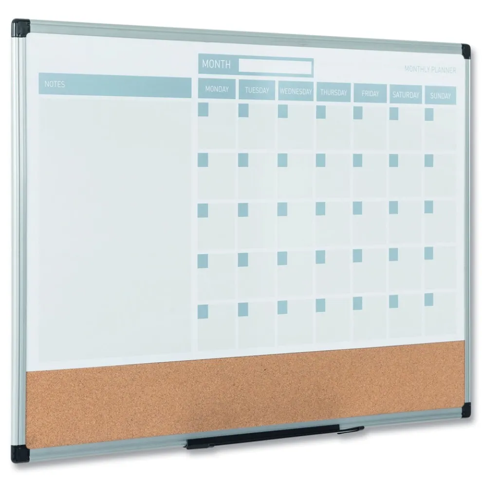 MasterVision 24 in. x 18 in. 3-in-1 Monthly Planning/Scheduling Calendar Planner Board - Tan/White/Blue Surface/Satin Aluminum Frame