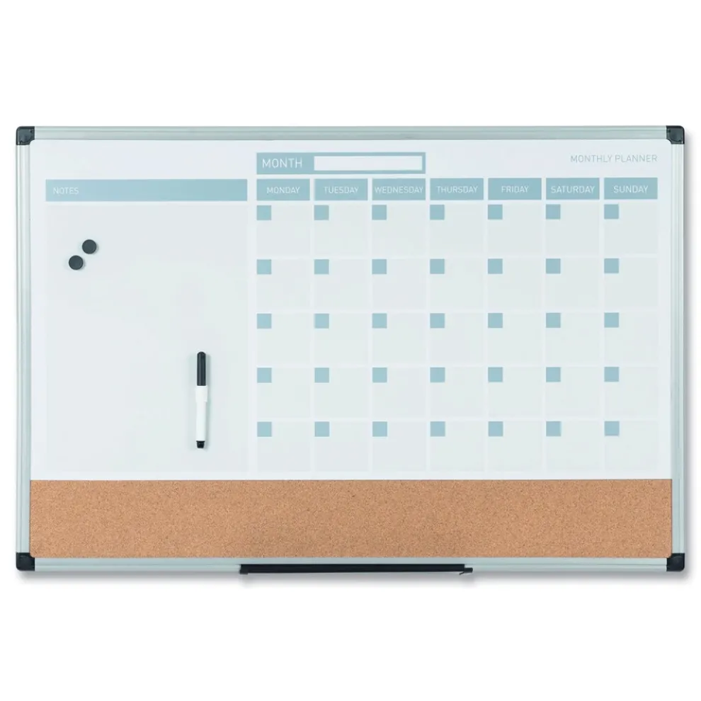 MasterVision 24 in. x 18 in. 3-in-1 Monthly Planning/Scheduling Calendar Planner Board - Tan/White/Blue Surface/Satin Aluminum Frame