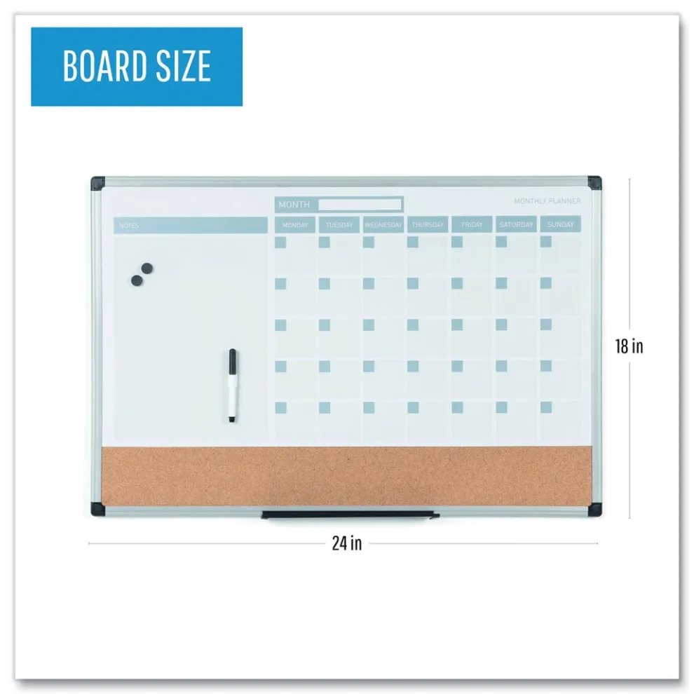 MasterVision 24 in. x 18 in. 3-in-1 Monthly Planning/Scheduling Calendar Planner Board - Tan/White/Blue Surface/Satin Aluminum Frame