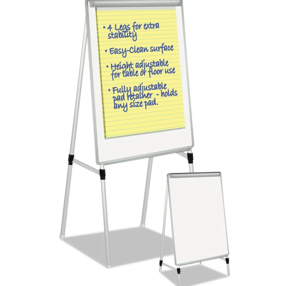 MasterVision 28 in. x 39.5 in. Silver Easy Clean Dry Erase Quad-Pod Presentation Easel - White Surface/Black/Satin Aluminum Frame