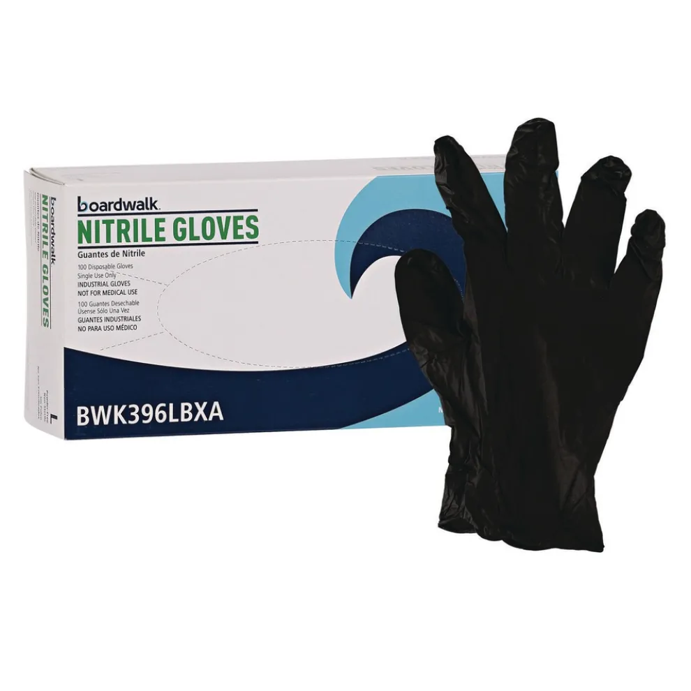 Boardwalk 4.4 mil Disposable General-Purpose Powder-Free Nitrile Gloves - Large, Black (100/Box)