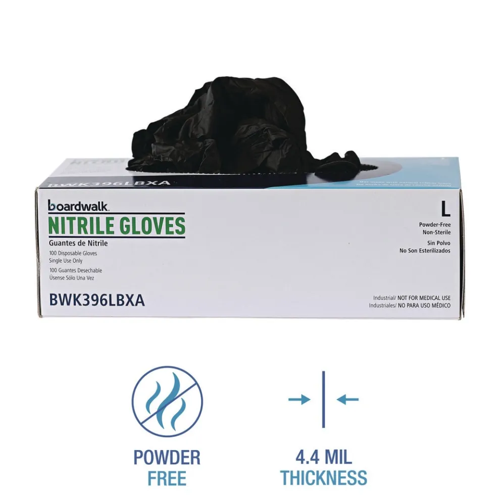Boardwalk 4.4 mil Disposable General-Purpose Powder-Free Nitrile Gloves - Large, Black (100/Box)