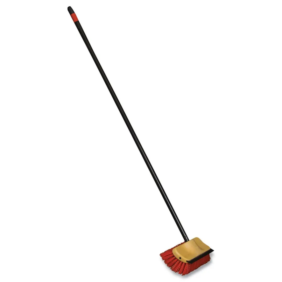 Nexstep Commercial Products 10 in. Brush 54 in. Metal Handle Bi-Level Floor Scrub Brush - Red Polypropylene Bristles, Black Handle (6/Carton)