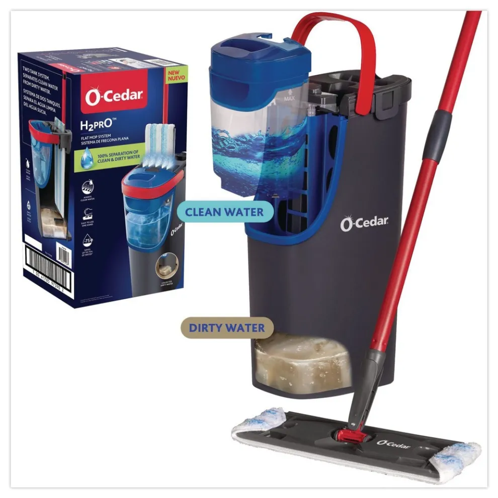 O-Cedar Up to 56 in. Black/Red Handle 9.25 in. x 4.38 in. White/Blue Microfiber Head H2Pro Flat Mop System