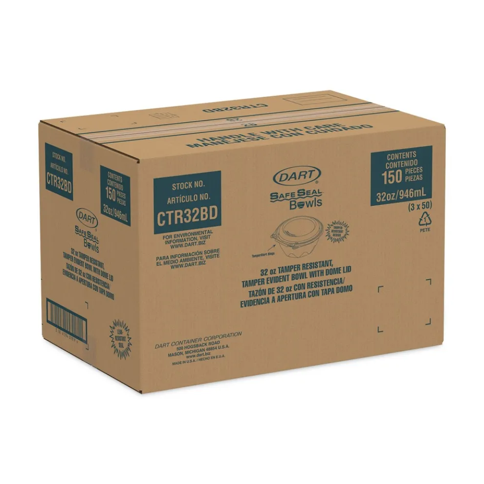 Dart CTR32BD 7 in. x 3.4 in. 32 oz. Tamper-Resistant Plastic Bowls with Dome Lid - Clear (150/Carton)