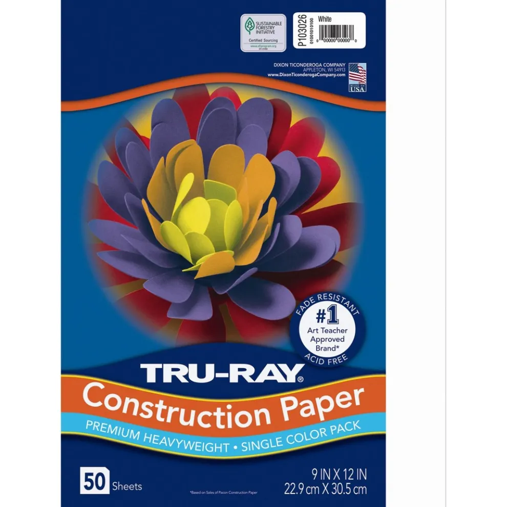 Pacon 9 in. x 12 in. 76 lbs. Text Weight Tru-Ray Construction Paper - White (50 Packs/Carton)