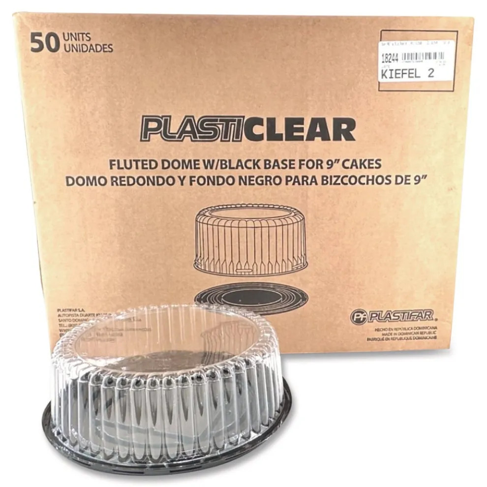 Plastifar Bakery Containers, 9-in Cake Container, 11.2-in Diameter x 3.5-in h, Black/Clear, 50/Carton