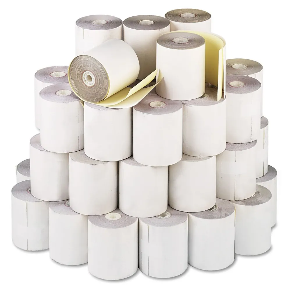 PM Company 3 in. x 90 ft. Impact Printing Carbonless Paper Rolls - White/Canary (50/Carton)