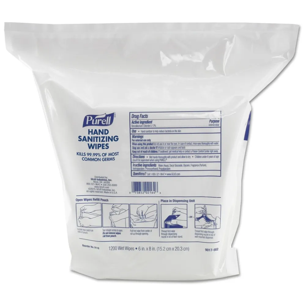 PURELL 9118-02 1200-Piece/Refill Pouch 2 Refills/Carton 6 in x 8 in Hand Sanitizing Wipes - White, Fresh Citrus