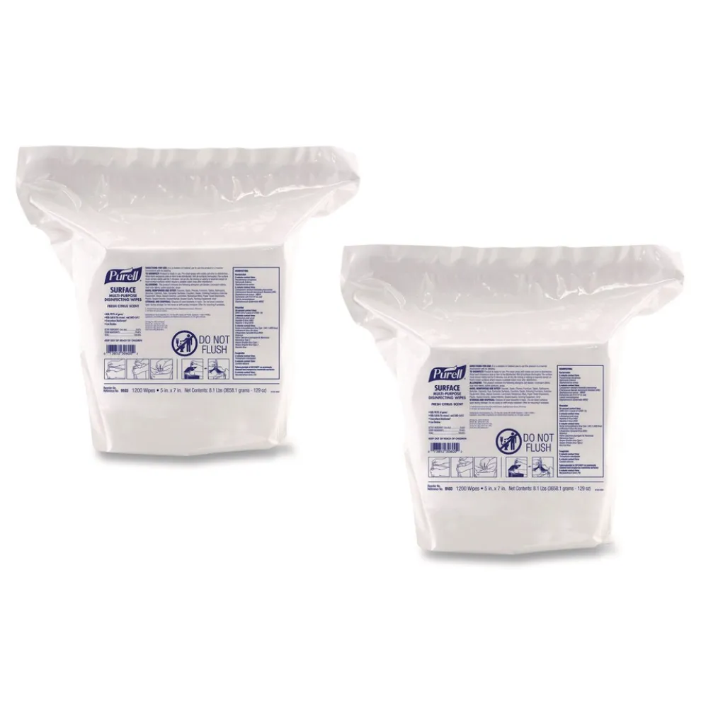 PURELL 9103-02 Surface Multi-Purpose Disinfecting Wipes, 1-Ply, 5 x 7, Fresh Citrus, White, 2/Carton