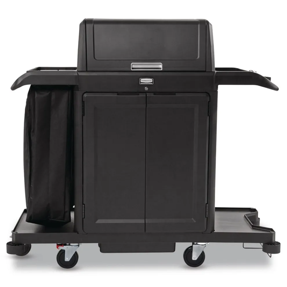 Rubbermaid Commercial 24.4 in. x 62.4 in. x 56.9 in. 4-Shelf Housekeeping Cart with Hood and Doors - Black