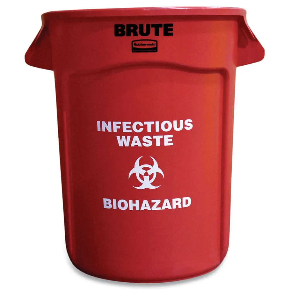 Rubbermaid Commercial Brute 32 gal (Infectious Waste: Biohazard) Imprint Plastic Vented Container - Round Red