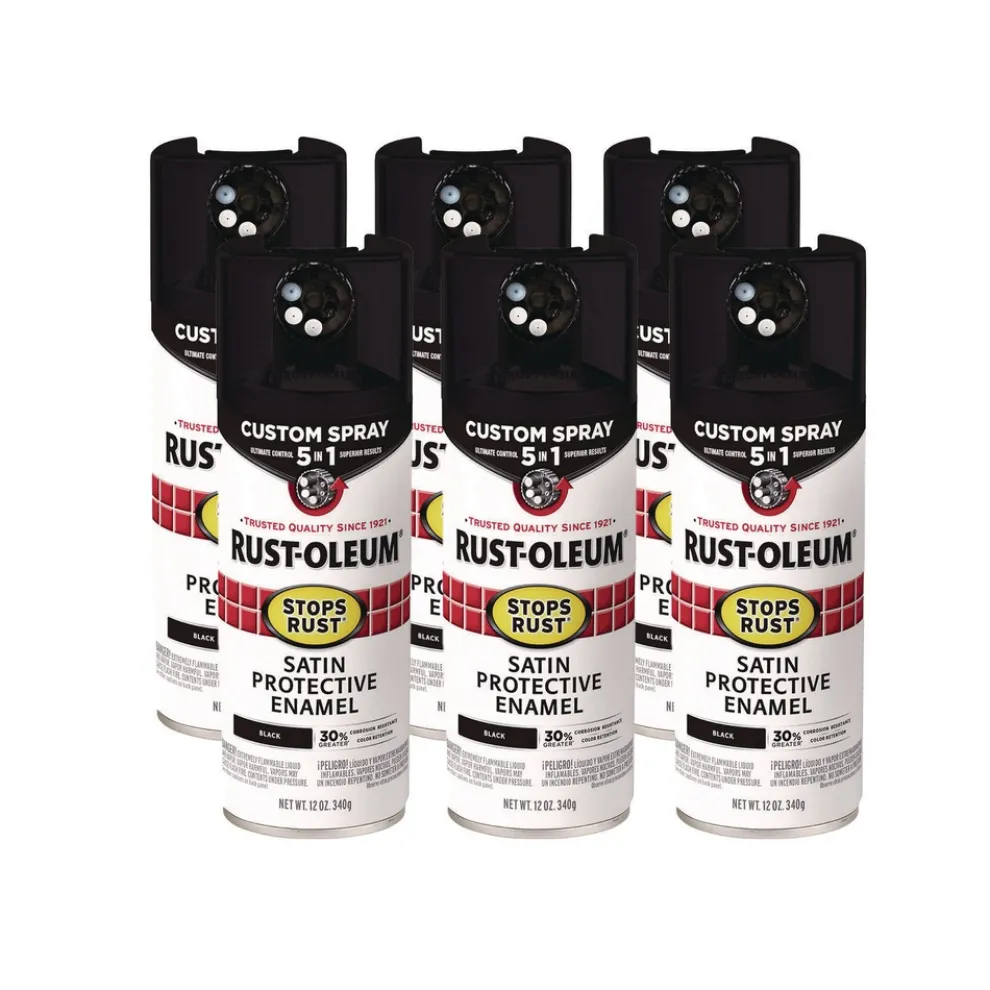 Rust-Oleum Stops Rust 5-in-1 Spray Paint, Satin Black, 12 oz Aerosol Can, 6/Carton