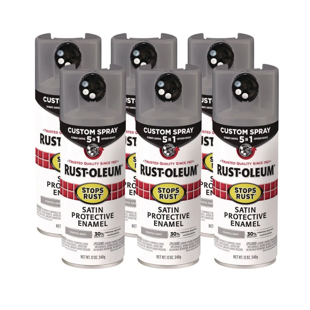Rust-Oleum Stops Rust 5-in-1 Spray Paint, Satin Coastal Gray, 12 oz Aerosol Can, 6/Carton