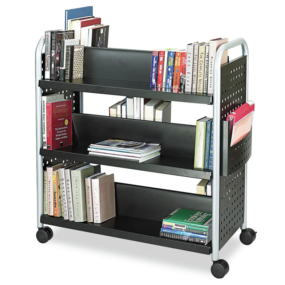 Safco 41.25 in. x 17.75 in. x 41.25 in. 6 Shelves 1 Bin Scoot Double-Sided Metal Book Cart - Black