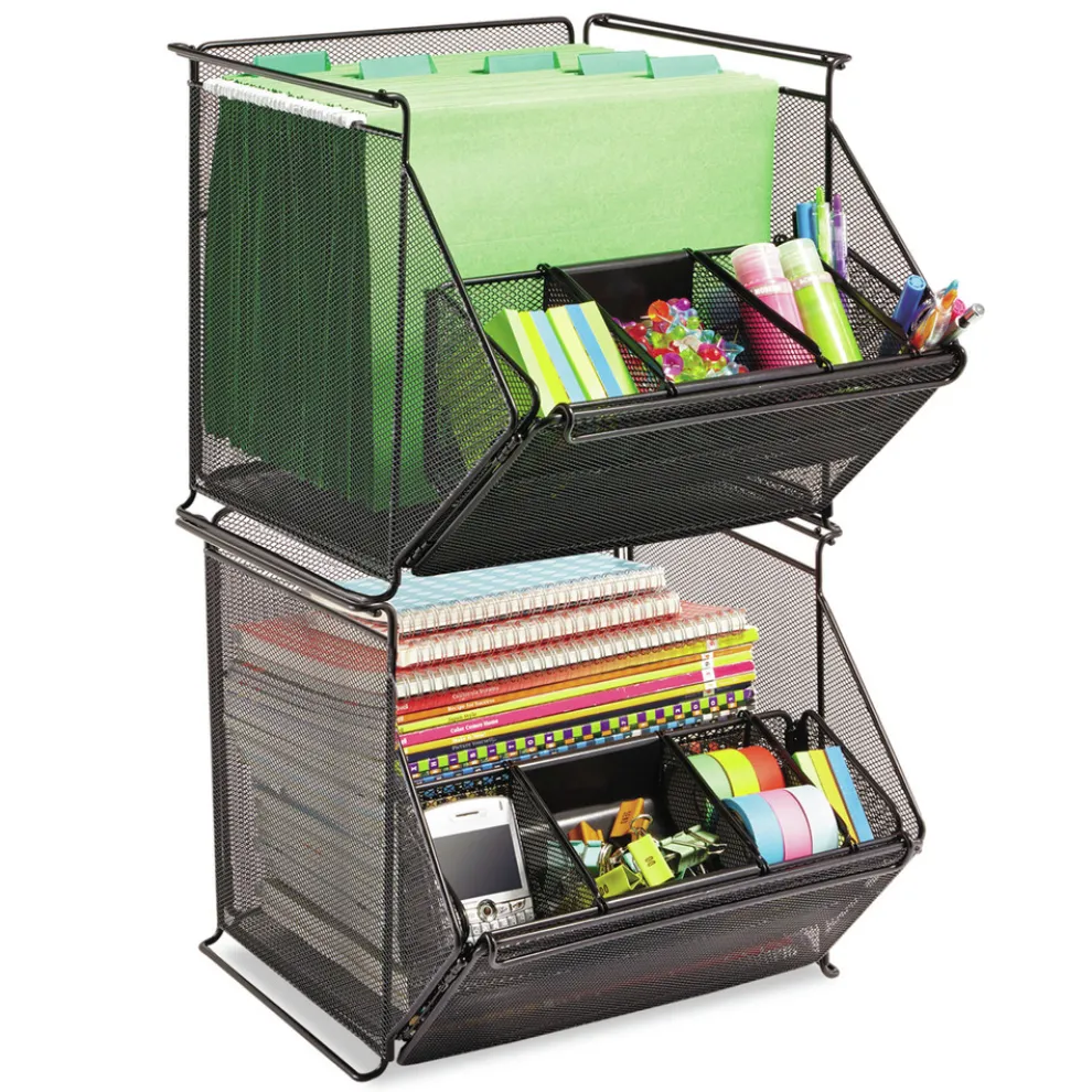 Safco 14 x 15.5 x 11.75 Onyx Stackable Steel Mesh 4-Compartment Storage Bin - Black