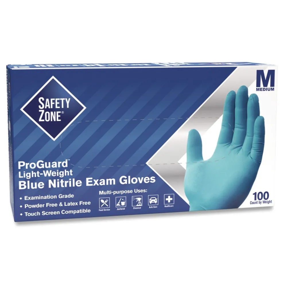 Safety Zone ProGuard Nitrile Gloves, Powder-Free, 3 mil, Blue, Medium, 1,000/Carton
