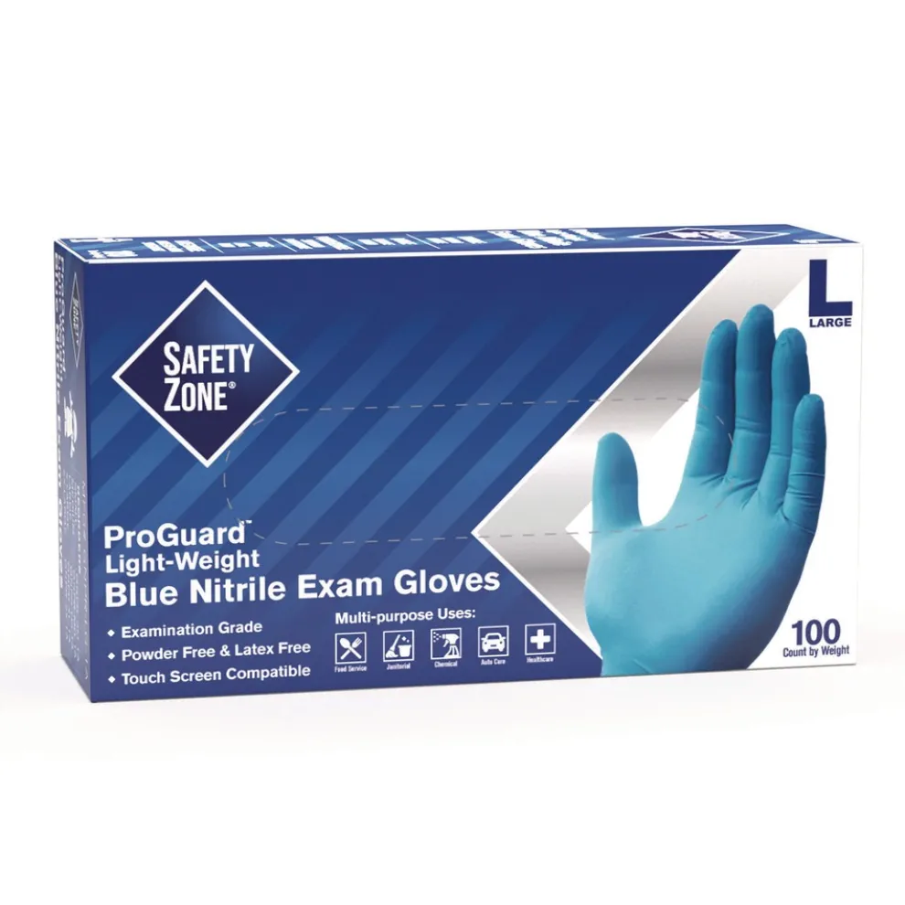 Safety Zone ProGuard Nitrile Gloves, Powder-Free, 3 mil, Blue, Large, 1,000/Carton