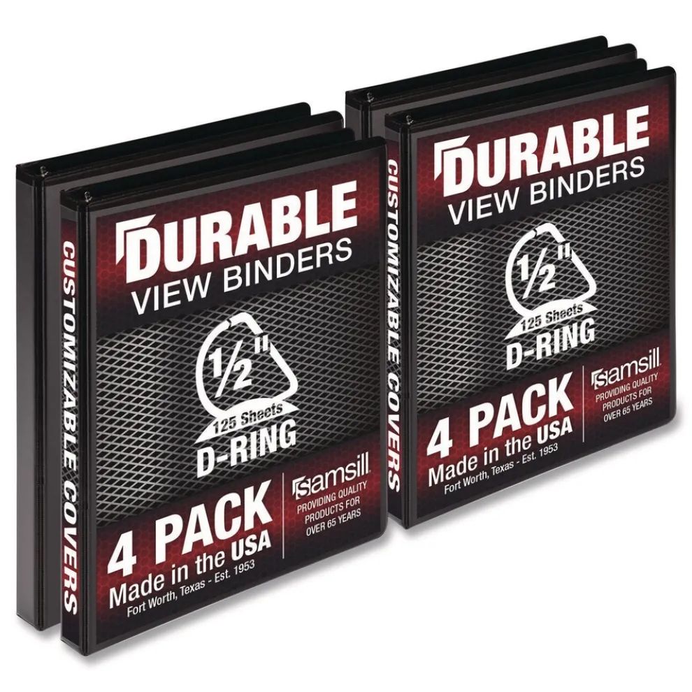 Samsill 11.5 in. x 8.5 in. 0.5 in. Capacity 3 Rings Durable D-Ring View Binders - Black (4/Pack)