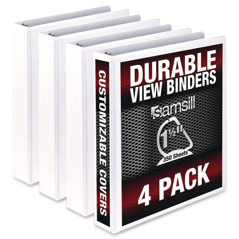 Samsill 11.5 in. x 8.5 in. 3 Rings 1.5 in. Capacity Durable D-Ring View Binders - White (4/Pack)