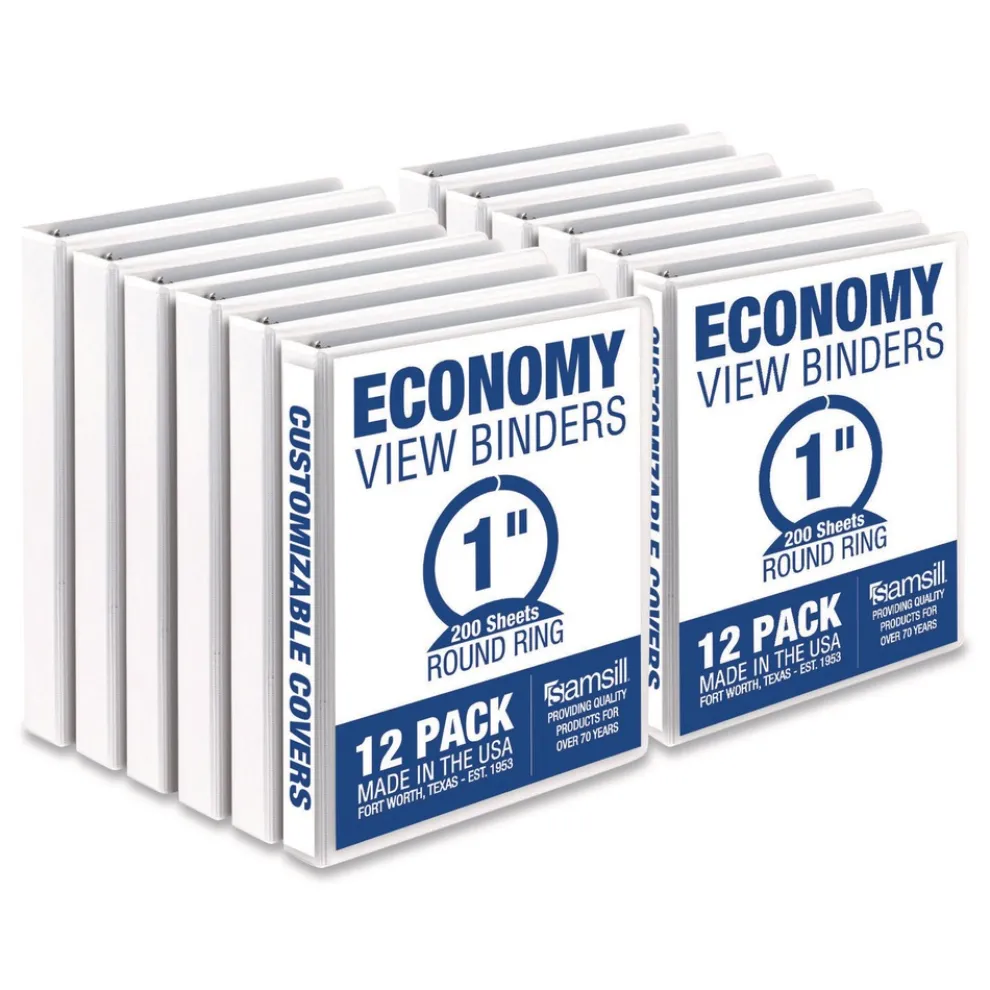Samsill 11 in. x 8.5 in. 1 in. Capacity 3 Rings Economy Round Ring View Binder - White (12/Carton)