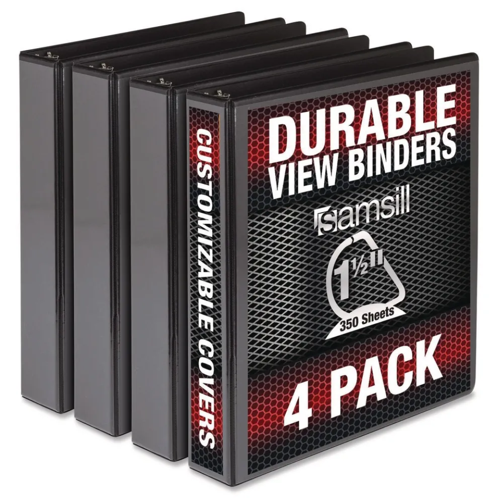 Samsill 11.5 in. x 8.5 in. 3 Rings 1.5 in. Capacity Durable D-Ring View Binders - Black (4/Pack)