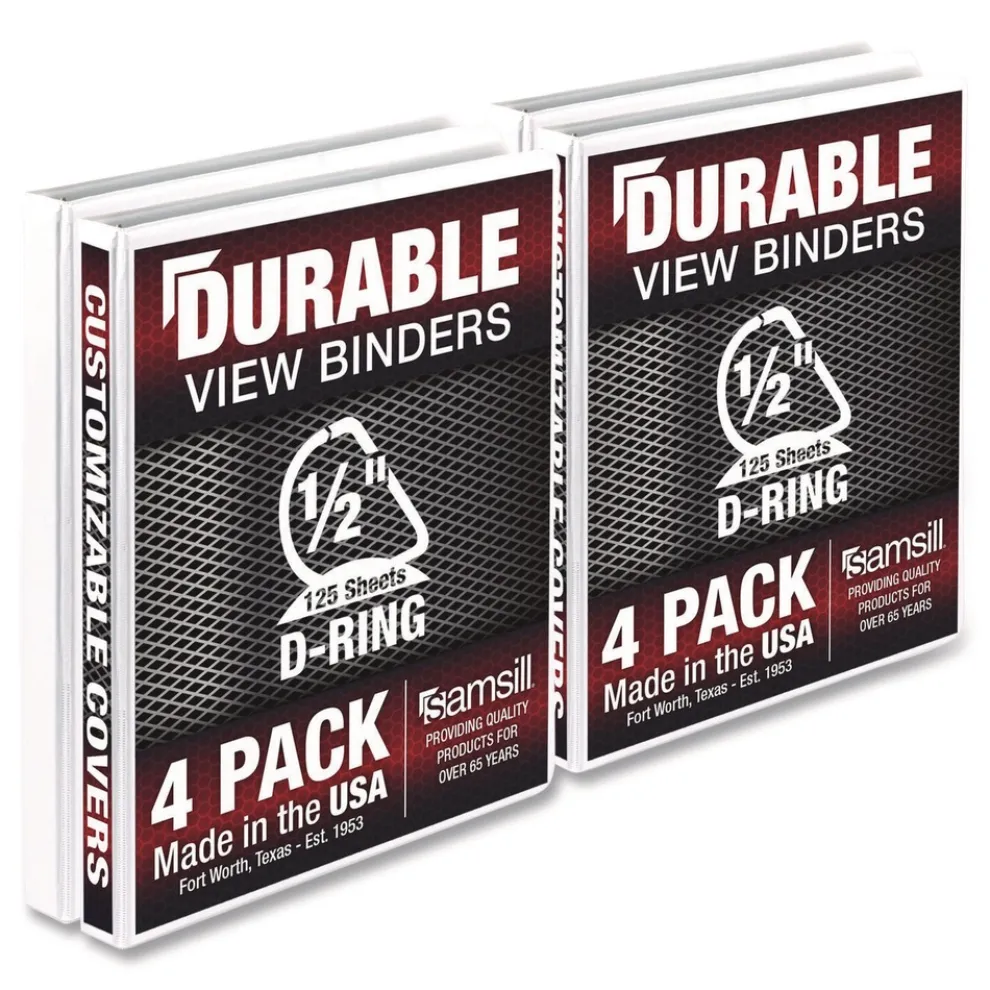 Samsill 11.5 in. x 8.5 in. 3 Rings 0.5 in. Capacity Durable D-Ring View Binders - White (4/Pack)
