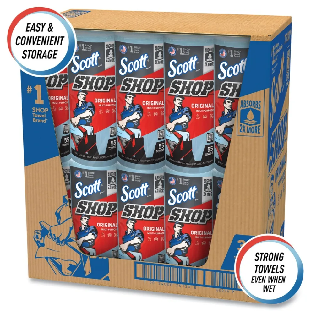 Scott 75130 9.4 in. x 11 in. Standard Shop Towels - Blue (55/Roll 30 Rolls/Carton)