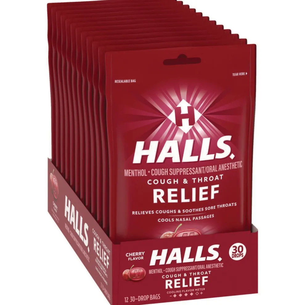 HALLS Triple Action Cough Drops - Cherry (30/Bag, 12 Bags/Box)
